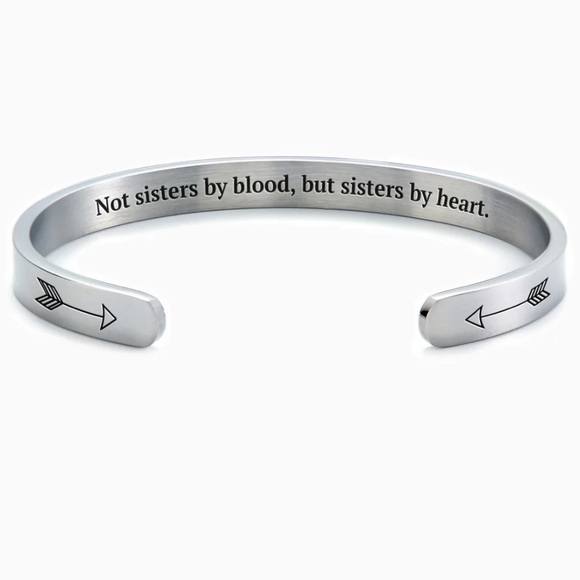Mint & Lilly Silver Bangle Engraved “Not Sisters By Heart, But Sisters By Blood” - Picture 1 of 6